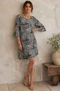 Garnet Hill Silk Shift Dress Bell 3/4 Sleeve Black & White Print Women's Size 2